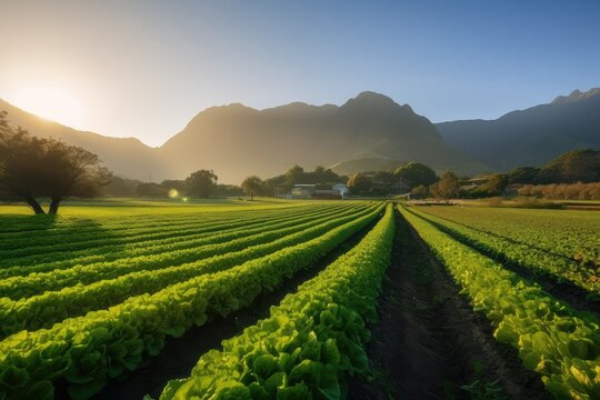 Field of organic lettuce growing in a sustainable farm, generative AI