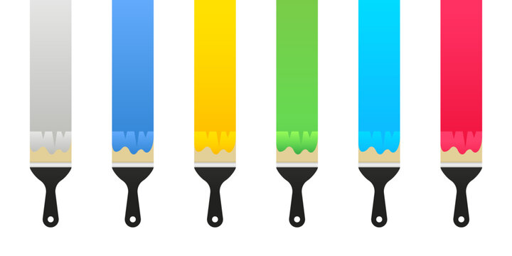 Set of colorful Brushes with paint. Set of paint brushes with variations of colors: pink, blue, yellow, red, black. Design elements collection in cartoon minimal style. Vector illustration