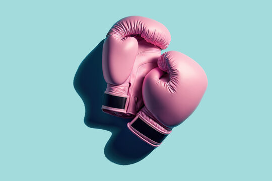 Pink boxing gloves, on the left side, on turquoise blue background. Concept of boxing, sport, combat, fight, training, effort, strength, changeability and sportsmanship. AI generated image.