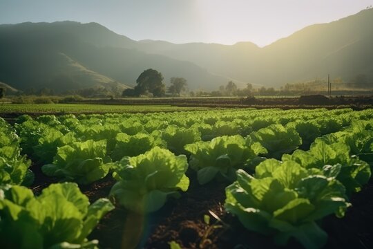 Field of organic lettuce growing in a sustainable farm, AI generated