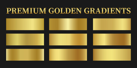 Vector collection of gold gradients. Realistic golden metallic palettes. gold gradient set. editable vector texture in eps10. Premium Gold Swatches. Vector illustration