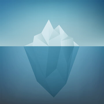 Iceberg floating in ocean illustration. Huge white block of ice drifts along blue current with massive underwater part an arctic rock breakaway from northern antarctic coast. Vector illustration