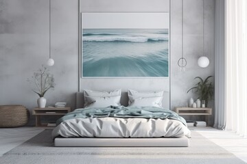 Frame mockup in coastal bedroom interior background, AI