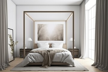 Frame mockup in coastal bedroom interior background