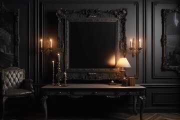 Frame mockup in dark classic interior, AI