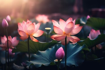 Obraz premium lotus lake with sunshine, AI Generated