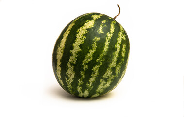 Image of a round green striped ripe watermelon on a white background.