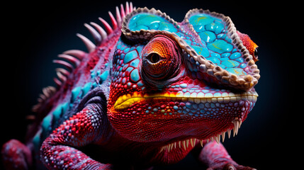 Chameleon on the dark background. Beautiful extreme close-up