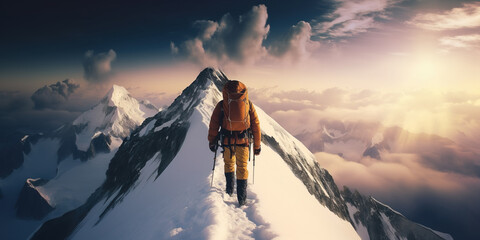 Mountaineer reaching the mountain top,  Generative AI illustration - obrazy, fototapety, plakaty