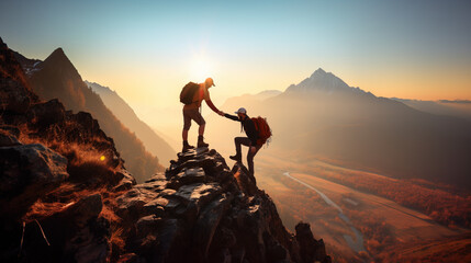 Teamwork concept with man helping friend reach the mountain top,  Generative Ai illustration © IBEX.Media