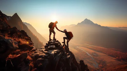 Gordijnen Teamwork concept with man helping friend reach the mountain top,  Generative Ai illustration © IBEX.Media