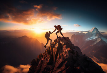 Hiker helping friend reach the mountain top, Generative Ai illustration © IBEX.Media