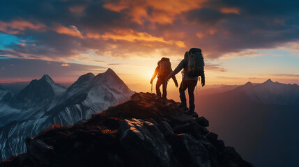 Two men walking on mountain top at sunset overlooking majestic mountains, Generative Ai illustration