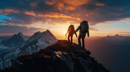 Fototapeta premium Two men walking on mountain top at sunset overlooking majestic mountains, Generative Ai illustration