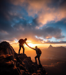 Reaching for help concept, with man being helped by friend on mountain top, Generative AI illustration