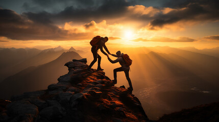 Friends helping each other reach the mountain top, Generative Ai illustration