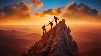 Foto op Plexiglas Warm oranje Teamwork concept with friends holding hands close to mountain top, Generative Ai illustration