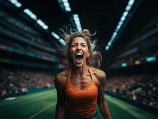 Extremely happy woman athlete on playing field cheering, Generative AI illustration