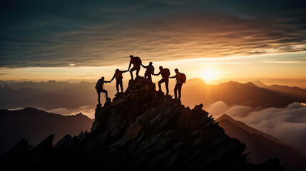 Cooperation concept with multiple people helping each other on mountain top, Generative AI illustration