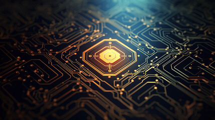 Micro chip on gold electronic circuit board,  Generative AI illustration