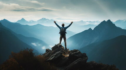 Positive man celebrating on mountain top, with arms raised up,  Generative AI illustration - obrazy, fototapety, plakaty