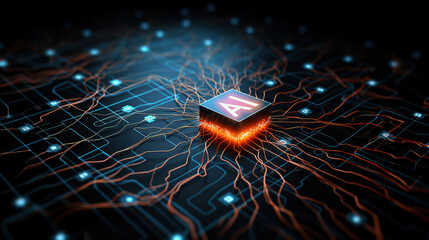 AI chip with neuronal network on circuit board, Generative Ai illustration