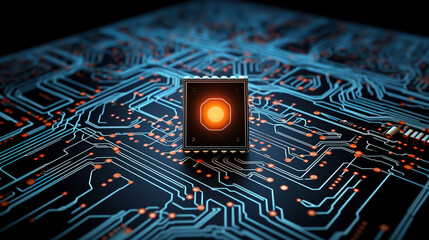 Artificial intelligence chip concept on electronic circuit board, Generative Ai illustration