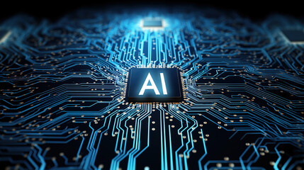 Artificial intelligence micro chip with text on chip, Generative Ai illustration