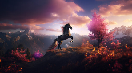 Majestic horse standing in fairytale landscape, Generative Ai illustration