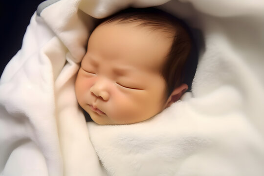 A cute Asian baby with her eyes closed, wrapped in white swaddling clothes, with a bright background