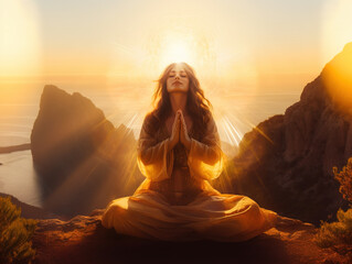 Boho woman meditating on cliff edge in bright evening sunlight, Generative AI illustration - obrazy, fototapety, plakaty