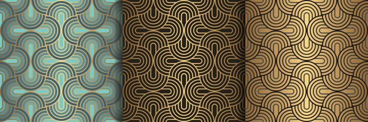 Seamless pattern art deco with overlapping gold arc with multiple stripe line, luxury repeat background with oval shape vector illustration.