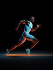 Fototapeta na wymiar Afro American athlete running in motion blur against dark background, Generative AI illustration
