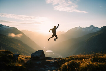 Silhouette of man jumping with joy on mountain in front of bright sun, Generative Ai illustration