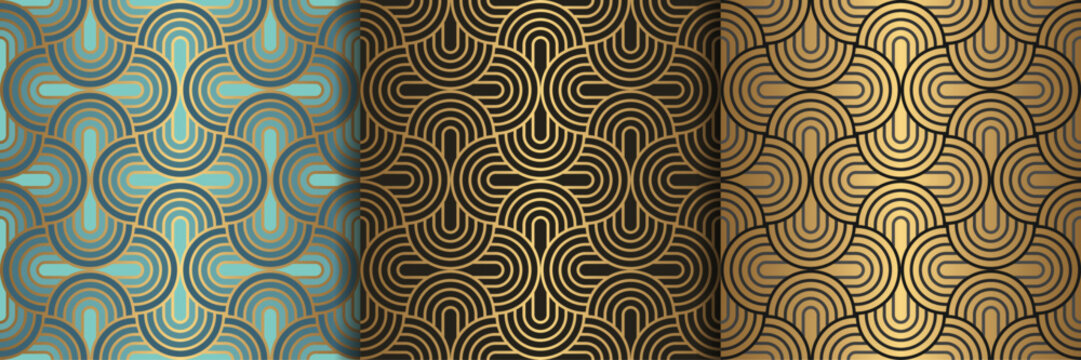 Seamless pattern art deco with overlapping gold arc with multiple stripe line, luxury repeat background with oval shape vector illustration.