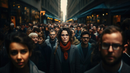 Large group of people standing in the street with focus on  woman looking at camera,  Generative AI illustration - obrazy, fototapety, plakaty