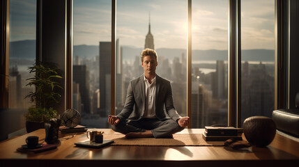 Relaxation at the work place , with man standing in lotus position on office desk,  Generative AI...