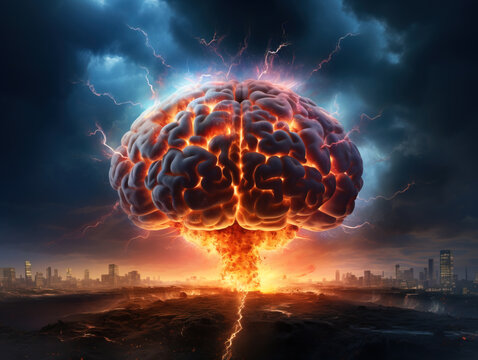 Burn Out Concept With Atomic Brain Explosion,  Generative AI Illustration