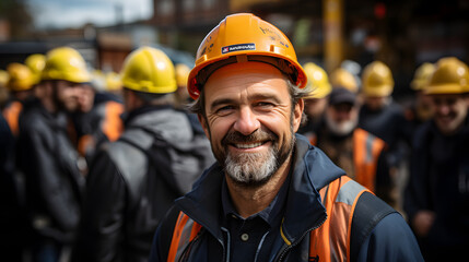 Engineer at construction site wearing safety helmet Confident engineer looking at camera with team behind Generative AI