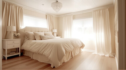 White table in beige bedroom interiors, Mockups Design 3D, High-quality Mockups, Generative Ai