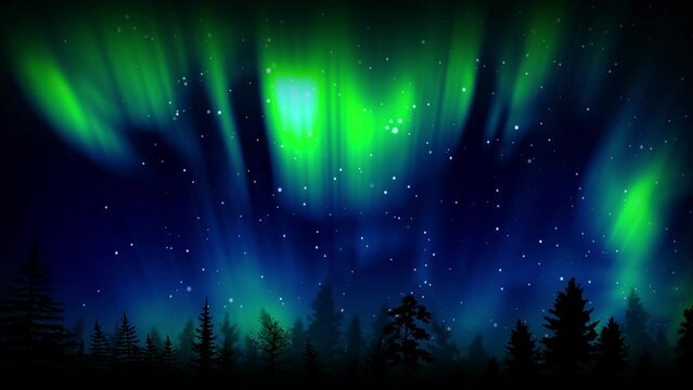 Aurora borealis animated looping background with a forest