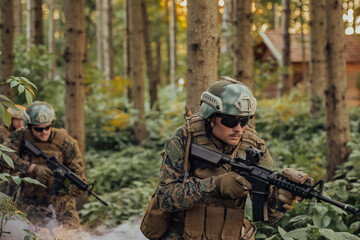 Fototapeta premium A group of modern warfare soldiers is fighting a war in dangerous remote forest areas. A group of soldiers is fighting on the enemy line with modern weapons. The concept of warfare and military