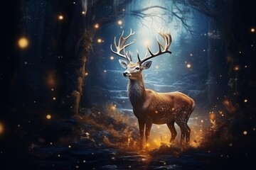 Four beautiful deer in the forest with illuminating fireflies, Generative Ai