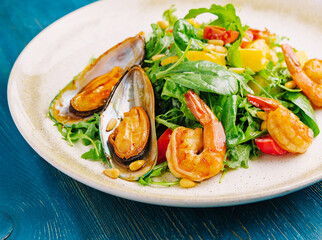 salad with shrimp and mussels on plate