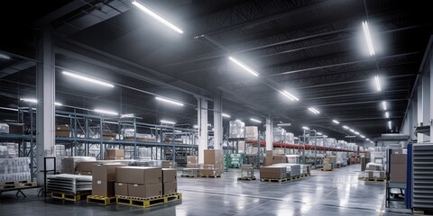 Generative AI, Warehouse interior with LED lighting, industry building, distribution retail center, part of storage and shipping system..