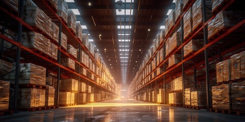 Generative AI, Warehouse interior with LED lighting, industry building, distribution retail center, part of storage and shipping system..