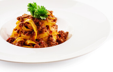 Spaghetti bolognese with minced beef on plate