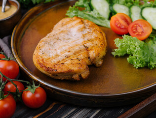 Grilled steak and vegetables close up