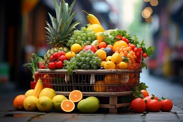 City market shopping cart with ripe, healthy fruits, Generative Ai