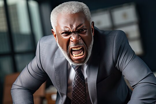 Close-up of an angry boss yelling at you. African American gray-haired middle-aged businessman in an expensive suit screams in the office.